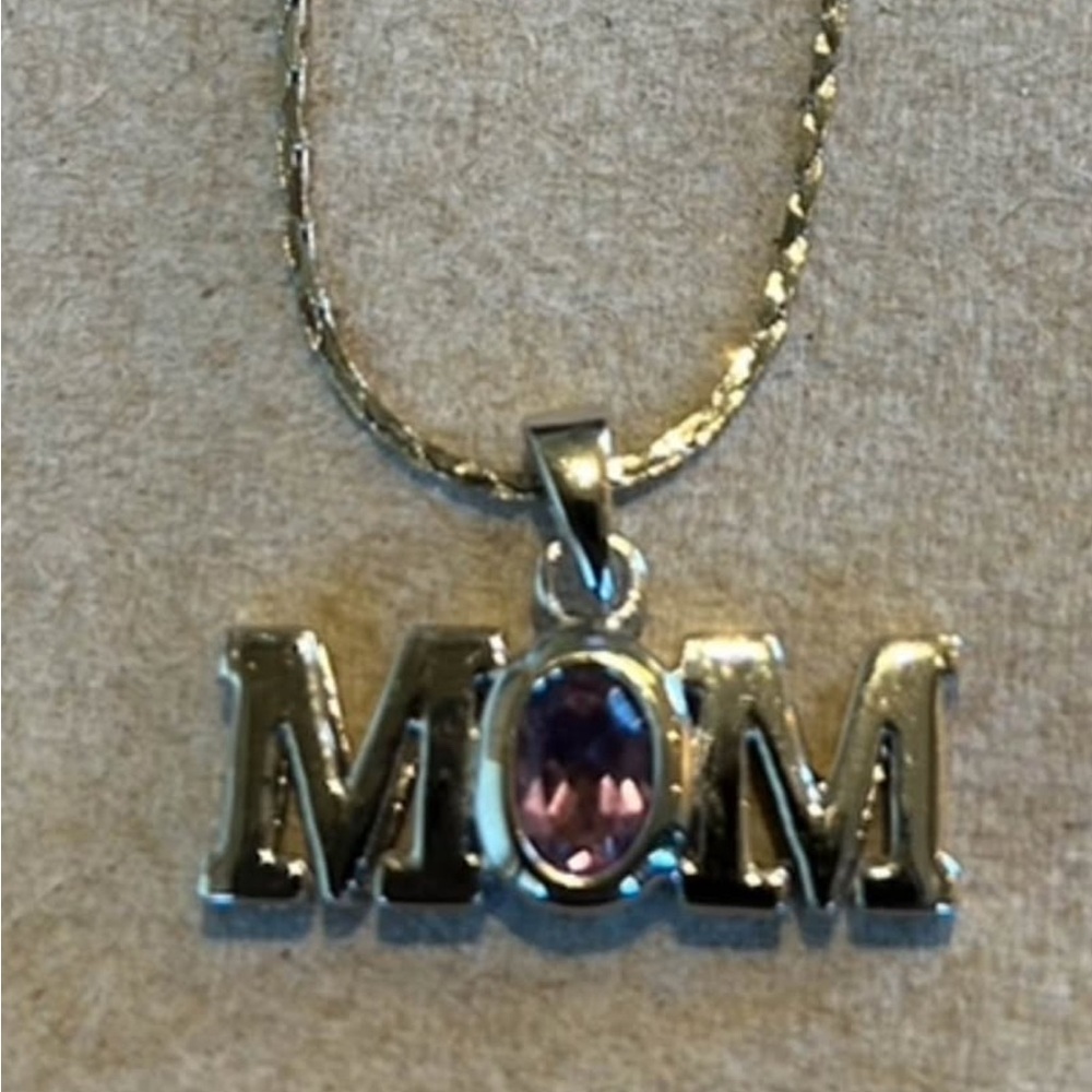 Silver MOM Pendant Necklace with Pink Stone